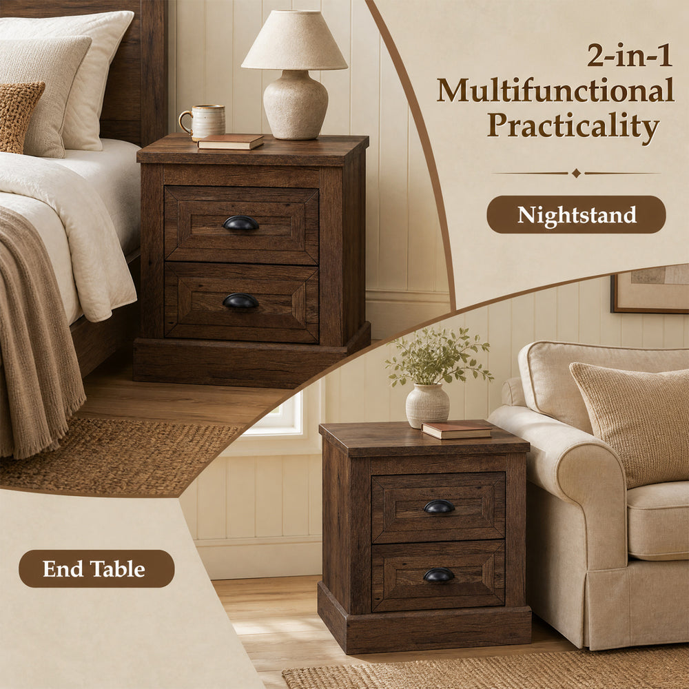 Brown farmhouse nightstand with two drawers, featuring vintage handles, ideal for bedside or couch side use.