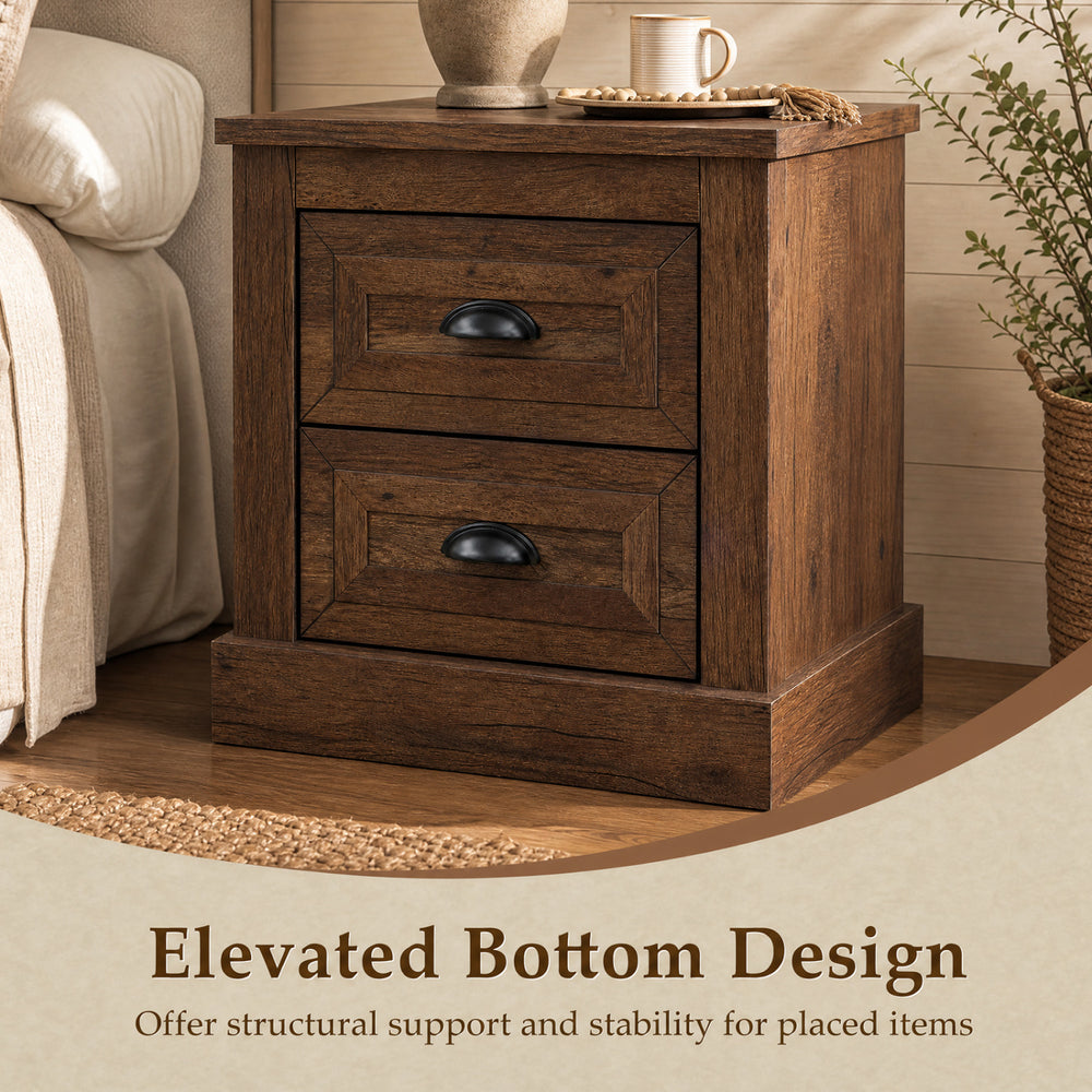 Farmhouse nightstand with two drawers in brown wood grain finish, featuring an elevated bottom design for stability.