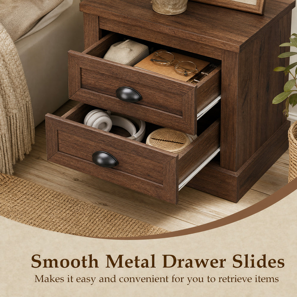Farmhouse nightstand with two drawers in brown features smooth metal slides for easy access and a vintage wood grain finish.