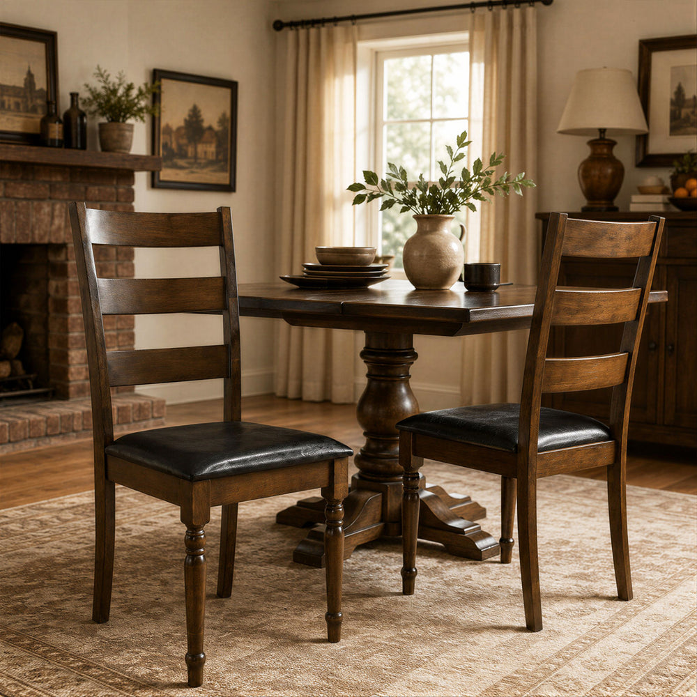 Brown PU leather upholstered dining chairs set of 2 with solid rubber wood frame, ideal for compact dining spaces.