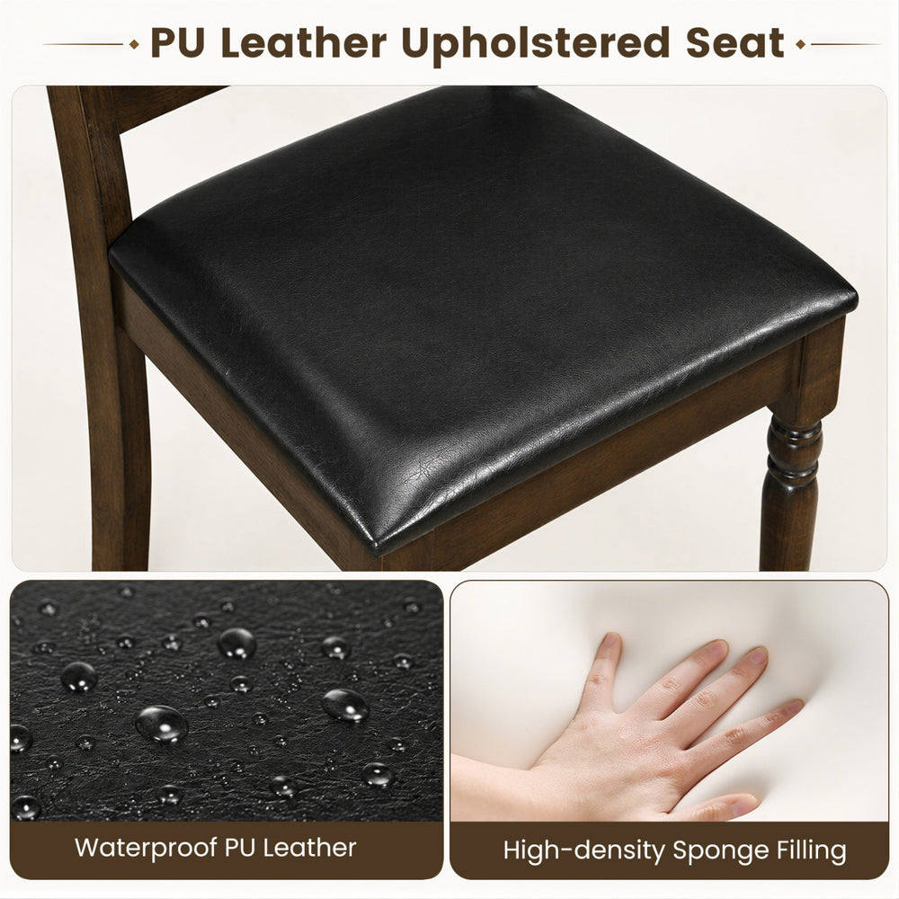 Close-up of the brown PU leather upholstered seat with resilient sponge filling, ideal for dining rooms and compact spaces.