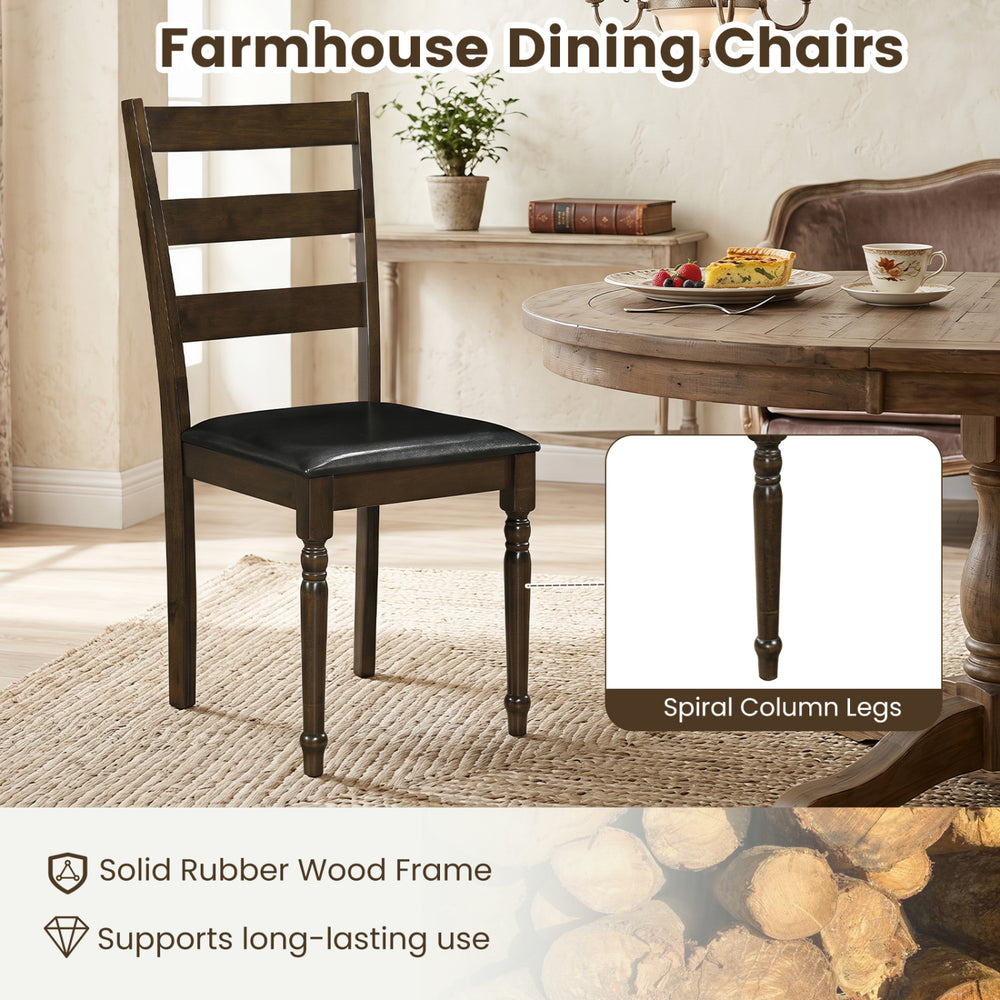 Brown farmhouse dining chair with PU leather upholstery and solid rubber wood frame, perfect for compact dining spaces.
