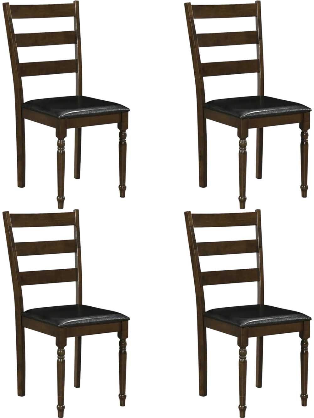 Set of 4 brown farmhouse dining chairs with PU leather upholstery and solid rubber wood frame for stylish, compact seating.