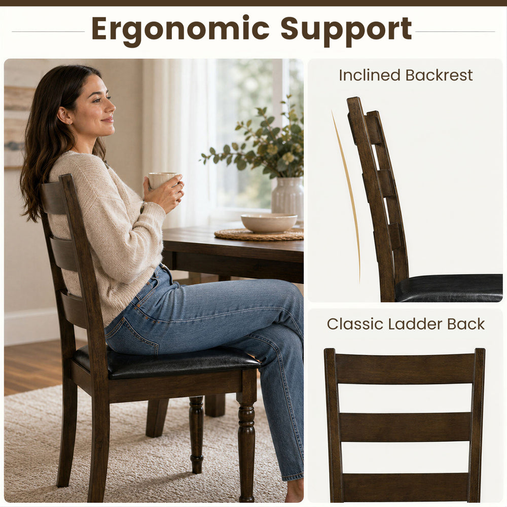 Brown PU leather upholstered dining chair with inclined backrest and classic ladder back design, perfect for compact spaces.