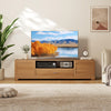Farmhouse rustic TV stand in natural finish, accommodating TVs up to 80", featuring cabinets and drawer for media.