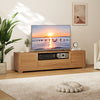 Farmhouse rustic TV stand in natural wood finish, accommodating TVs up to 80", featuring cabinets and organized cable.