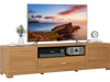 Farmhouse rustic TV stand in natural finish, accommodating TVs up to 80", with storage cabinets and cable management.