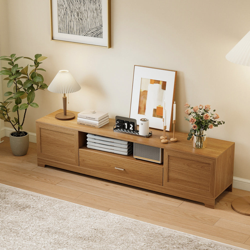 Farmhouse Rustic TV stand in natural finish, featuring two cabinets and a drawer, perfect for TVs up to 80 inches.