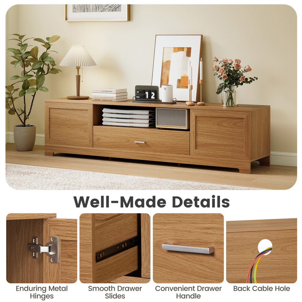 Farmhouse rustic TV stand in natural finish, featuring smooth drawer slides, metal hinges, and cable management for TVs.