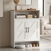 Farmhouse shoe cabinet with two barn doors and open shelf, featuring adjustable storage for entryway organization.