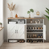 Farmhouse shoe cabinet in white with 2 barn doors and open shelf, ideal for entryway storage and decoration display.