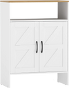 Farmhouse shoe cabinet in white with 2 barn doors and open shelf, perfect for entryway storage and organization.