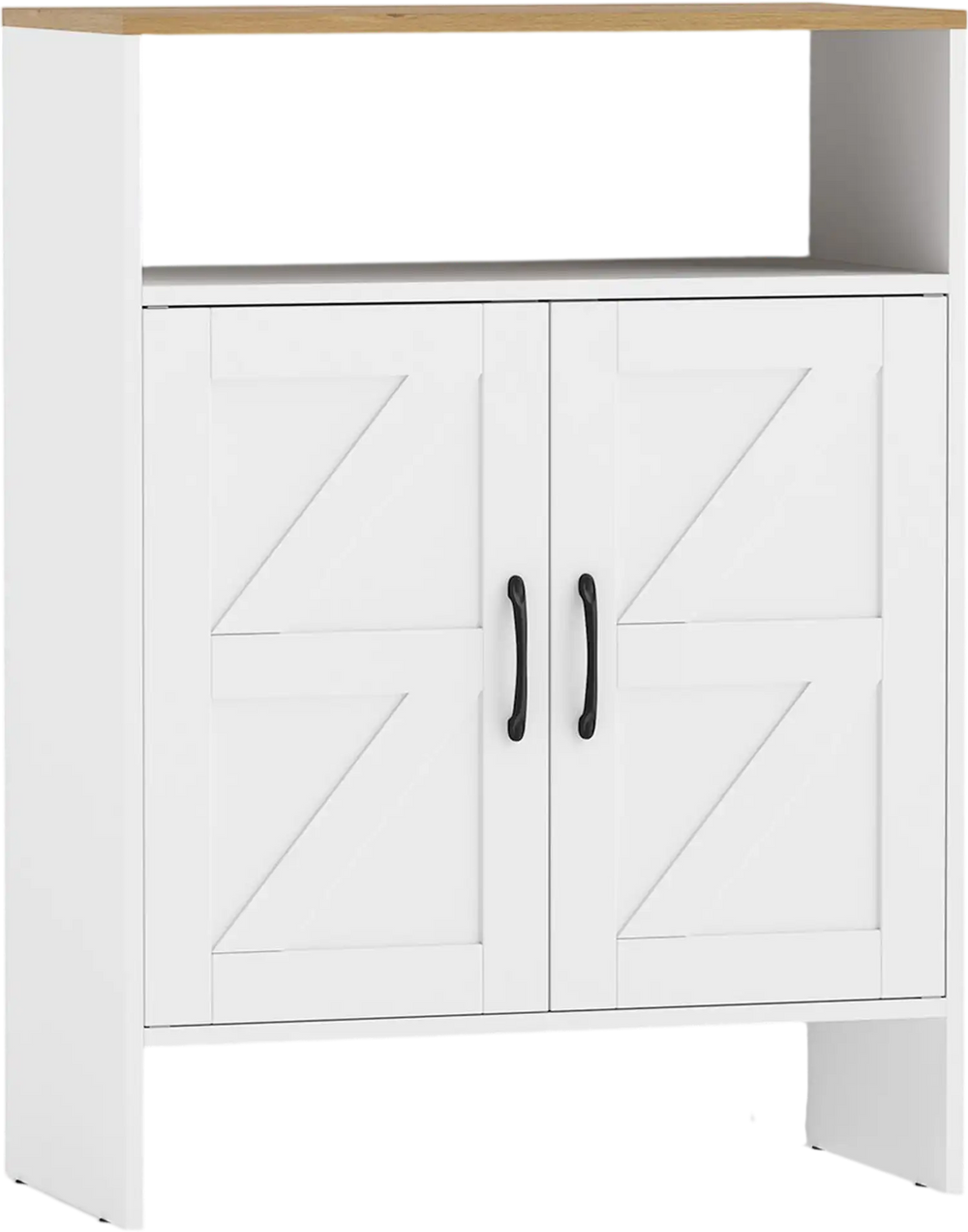 Farmhouse shoe cabinet in white with 2 barn doors and open shelf, perfect for entryway storage and organization.