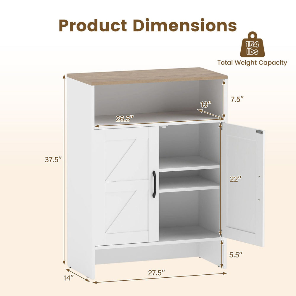 Farmhouse shoe cabinet with 2 barn doors, adjustable shelves, and open shelf for versatile entryway storage.