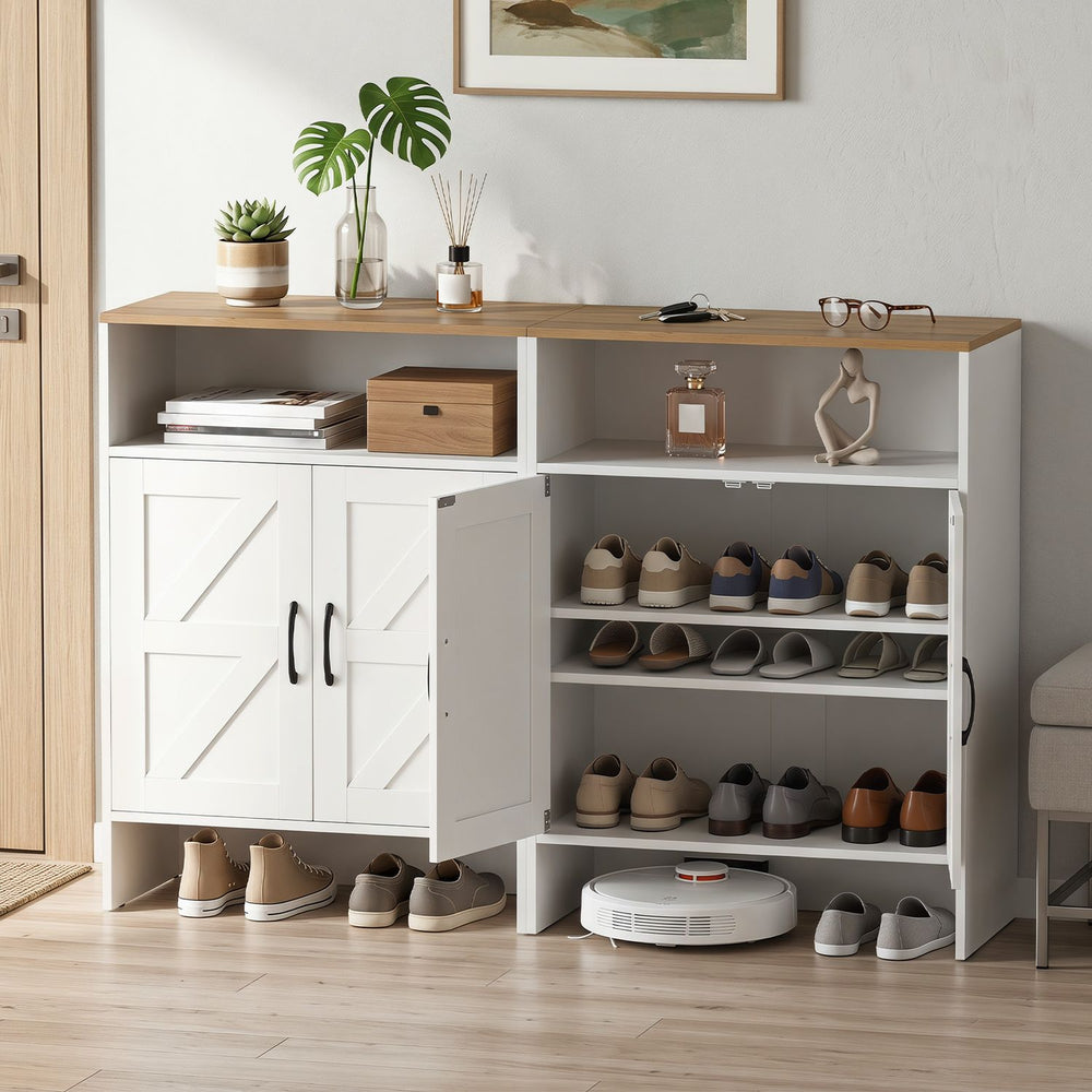 Farmhouse shoe cabinet in white with 2 barn doors and open shelf, ideal for entryway storage and organization.