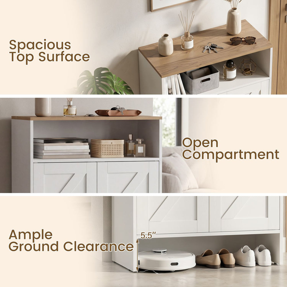Farmhouse shoe cabinet with two barn doors, open shelf, and ample ground clearance for versatile entryway storage.