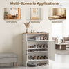 Farmhouse shoe cabinet in white features 2 barn doors, adjustable shelves, and an open shelf for versatile storage.