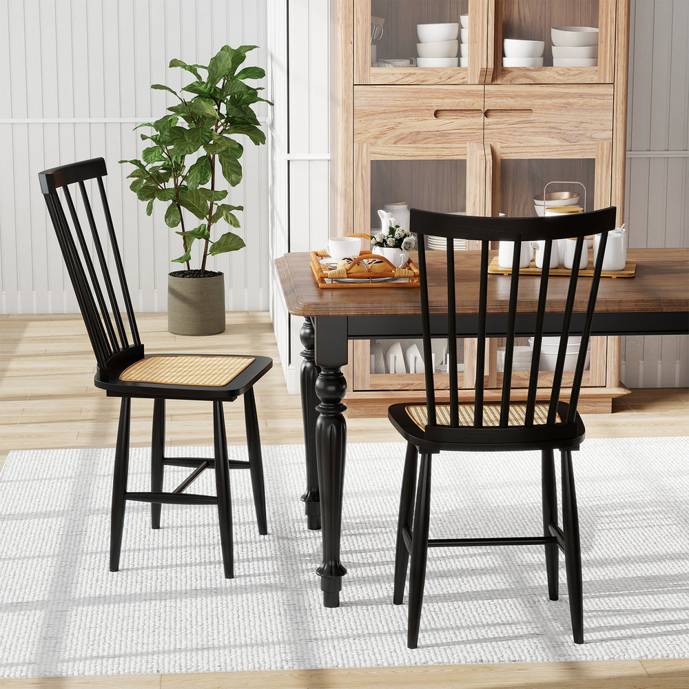 Black farmhouse dining chairs set of 2 with PE rattan seats, featuring ergonomic backrests, ideal for dining rooms.