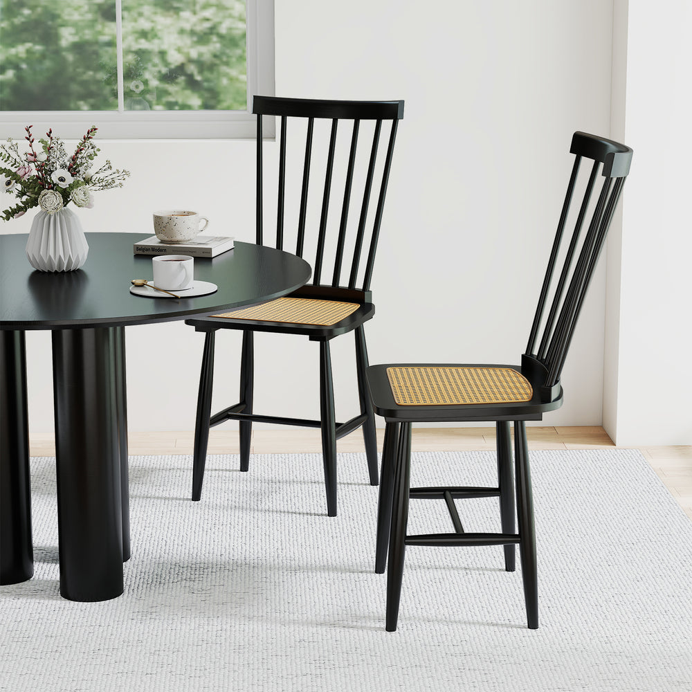 Black farmhouse dining chairs set of 2 with ergonomic curved backrest and PE rattan seats, perfect for dining rooms.