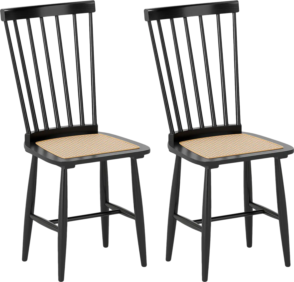 Set of 2 black farmhouse dining chairs with ergonomic curved backrests and PE rattan seats, perfect for dining rooms.