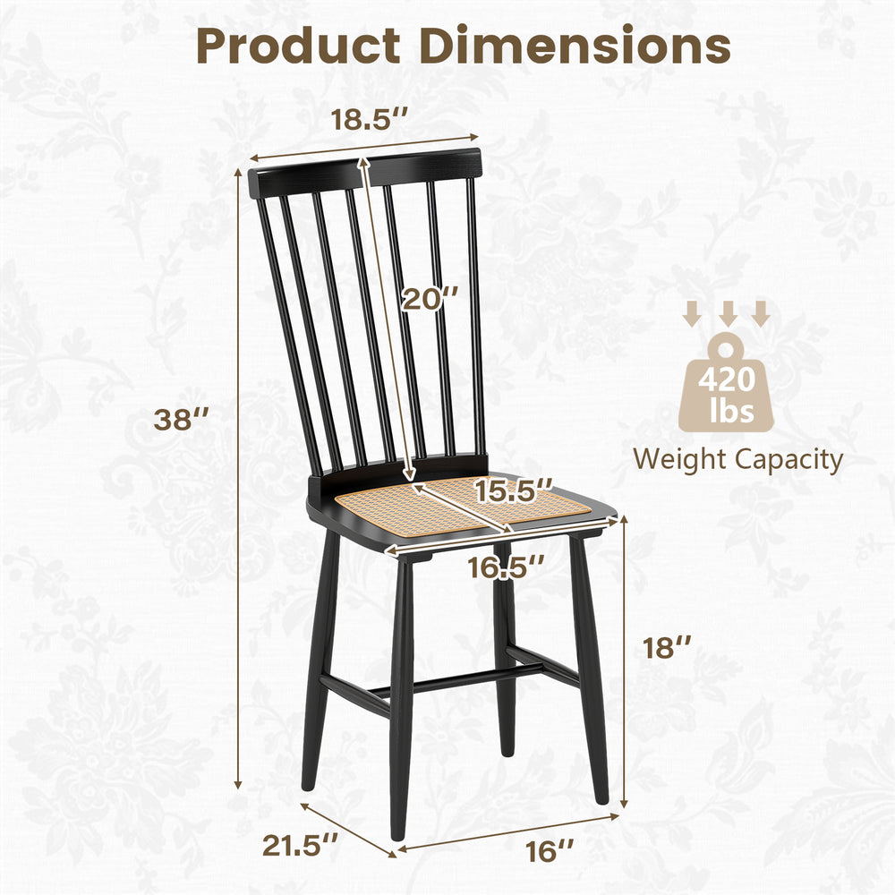 Dimensions of Farmhouse Solid Rubber Wood Dining Chair with PE Rattan seat, supporting up to 420 lbs for dining use.