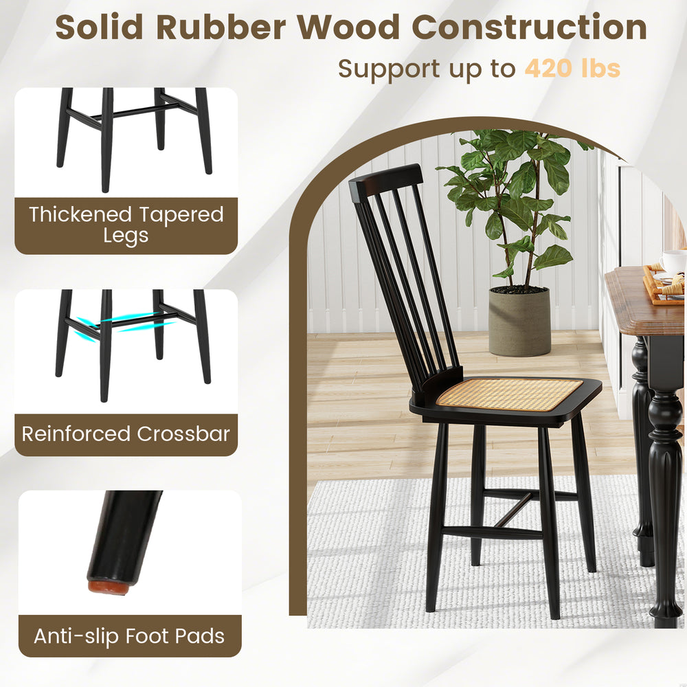 Farmhouse dining chair with PE rattan seat, solid rubber wood, ergonomic backrest, supports up to 420 lbs, ideal for.