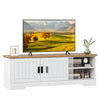 Farmhouse TV stand in white with sliding doors, holding a 65" TV, featuring storage cabinets and adjustable shelves.