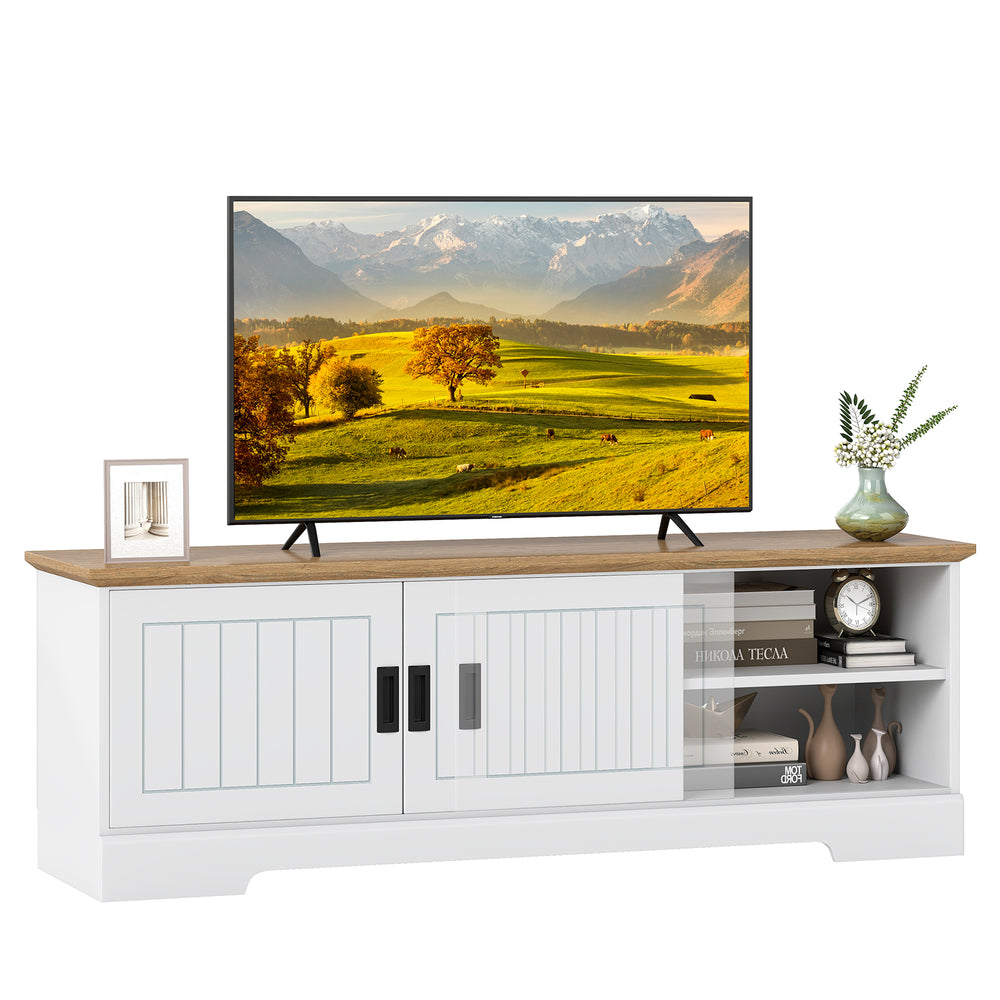 Farmhouse TV stand in white with sliding doors, holding a 65" TV, featuring storage cabinets and adjustable shelves.