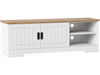 Farmhouse TV stand in white with wood top, featuring sliding doors, storage cabinets, and cable management for TVs up.