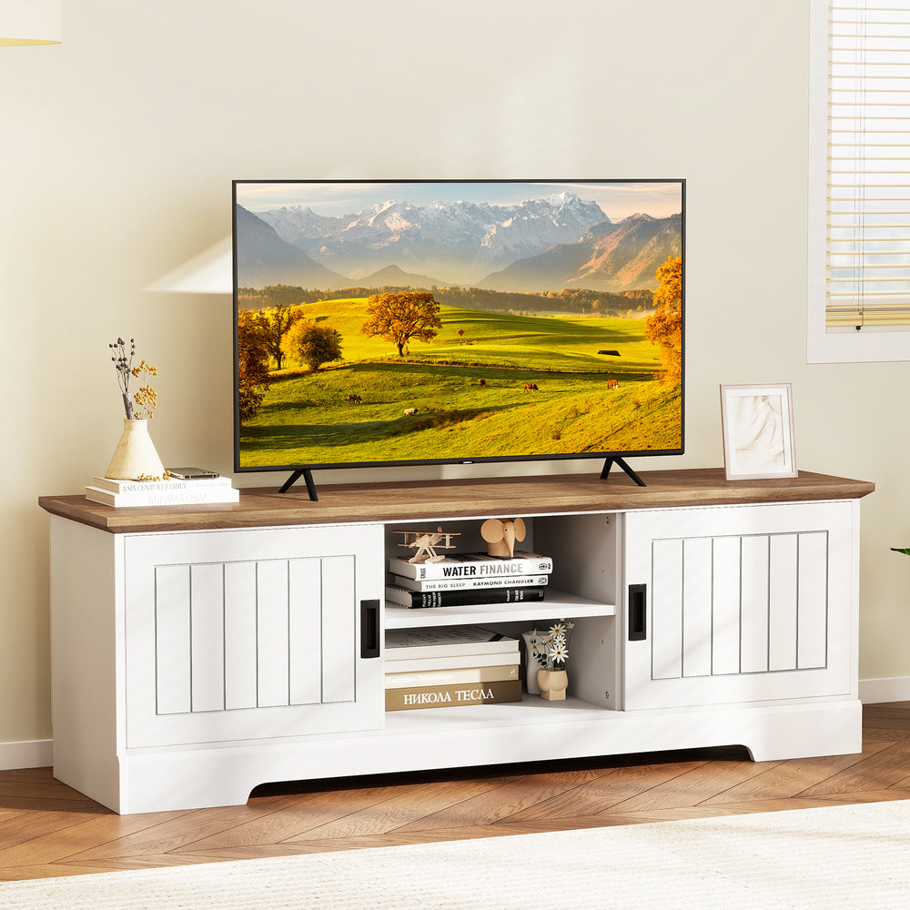 Farmhouse TV stand in white featuring smooth sliding doors, adjustable shelves, and cable management for a clean look.