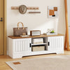 Farmhouse TV stand in white with sliding doors, spacious top for 65" TVs, and adjustable shelves for versatile storage.