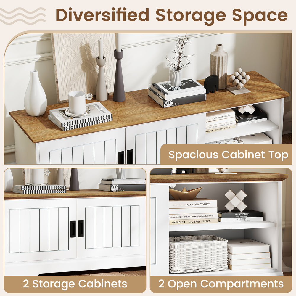Farmhouse TV stand with spacious top, sliding doors, 2 storage cabinets, and 2 open compartments for versatile storage.