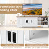 Farmhouse TV stand with sliding doors, white finish, and spacious top for TVs up to 65 inches, ideal for stylish.