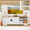 Farmhouse TV stand with sliding doors, adjustable shelves, and storage cabinets for TVs up to 65 inches.