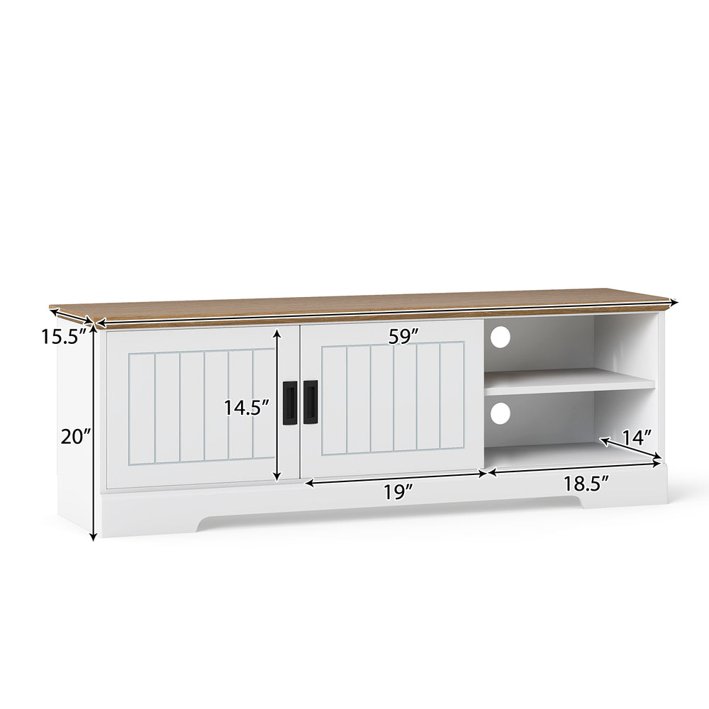 Farmhouse TV stand with sliding doors, 2 storage cabinets, and 2 open compartments for TVs up to 65 inches.