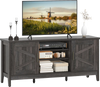 Farmhouse TV stand in gray with barn doors, adjustable shelves, and space for TVs up to 65 inches, ideal for.