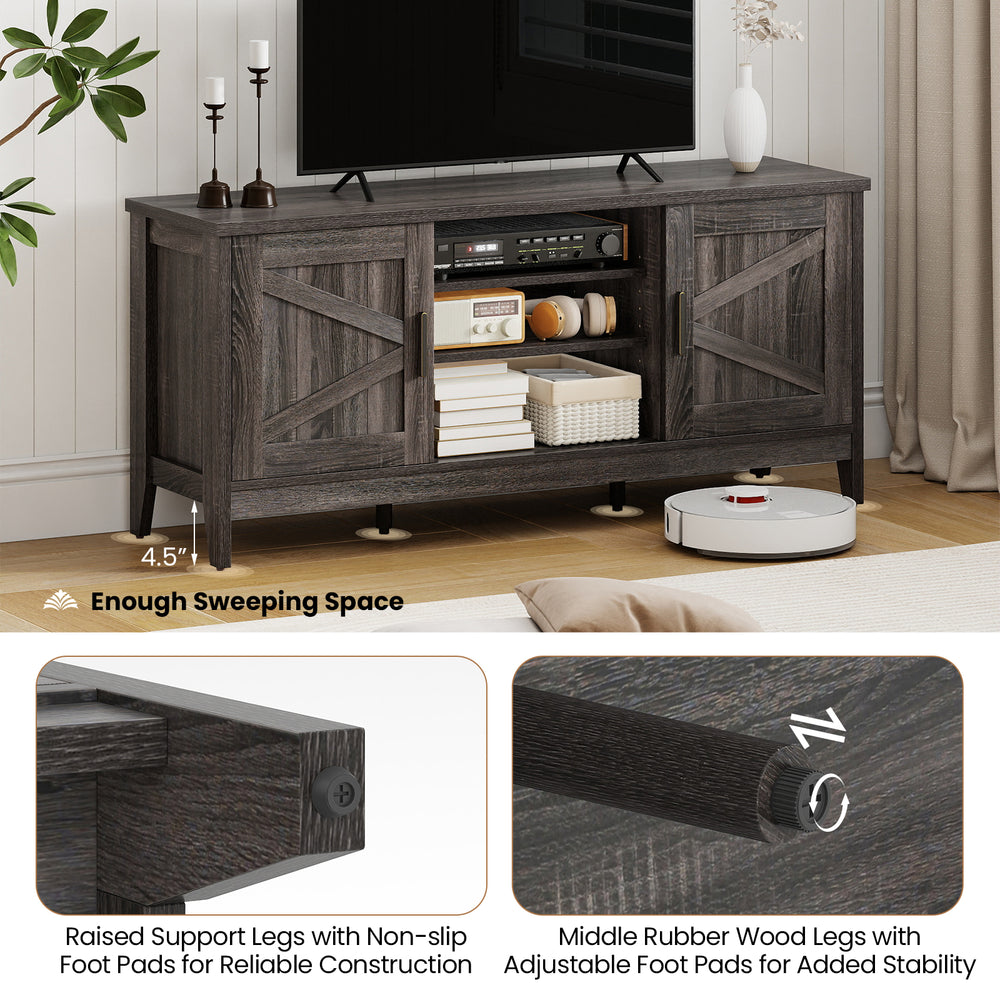 Farmhouse TV stand with barn doors, adjustable shelves, and raised legs for stability, ideal for TVs up to 65 inches.