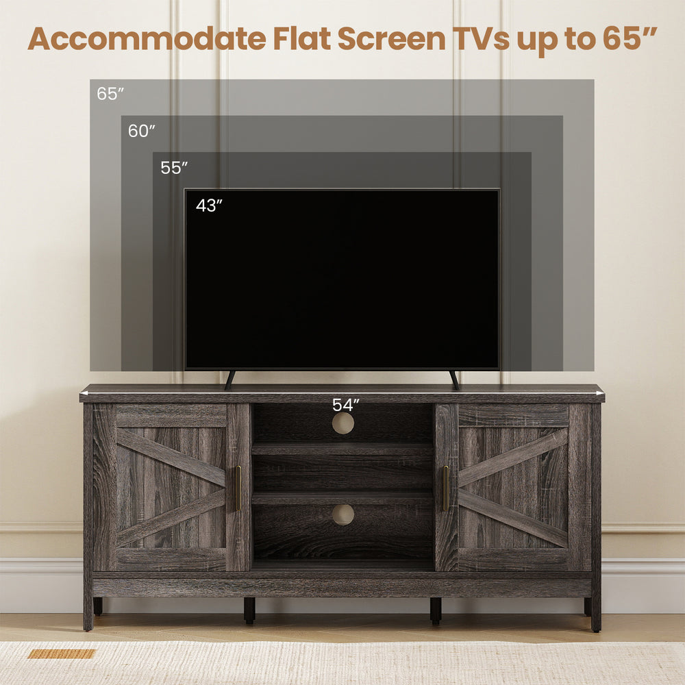 Farmhouse TV stand in gray with barn doors, accommodating TVs up to 65 inches, featuring adjustable shelves and cable.