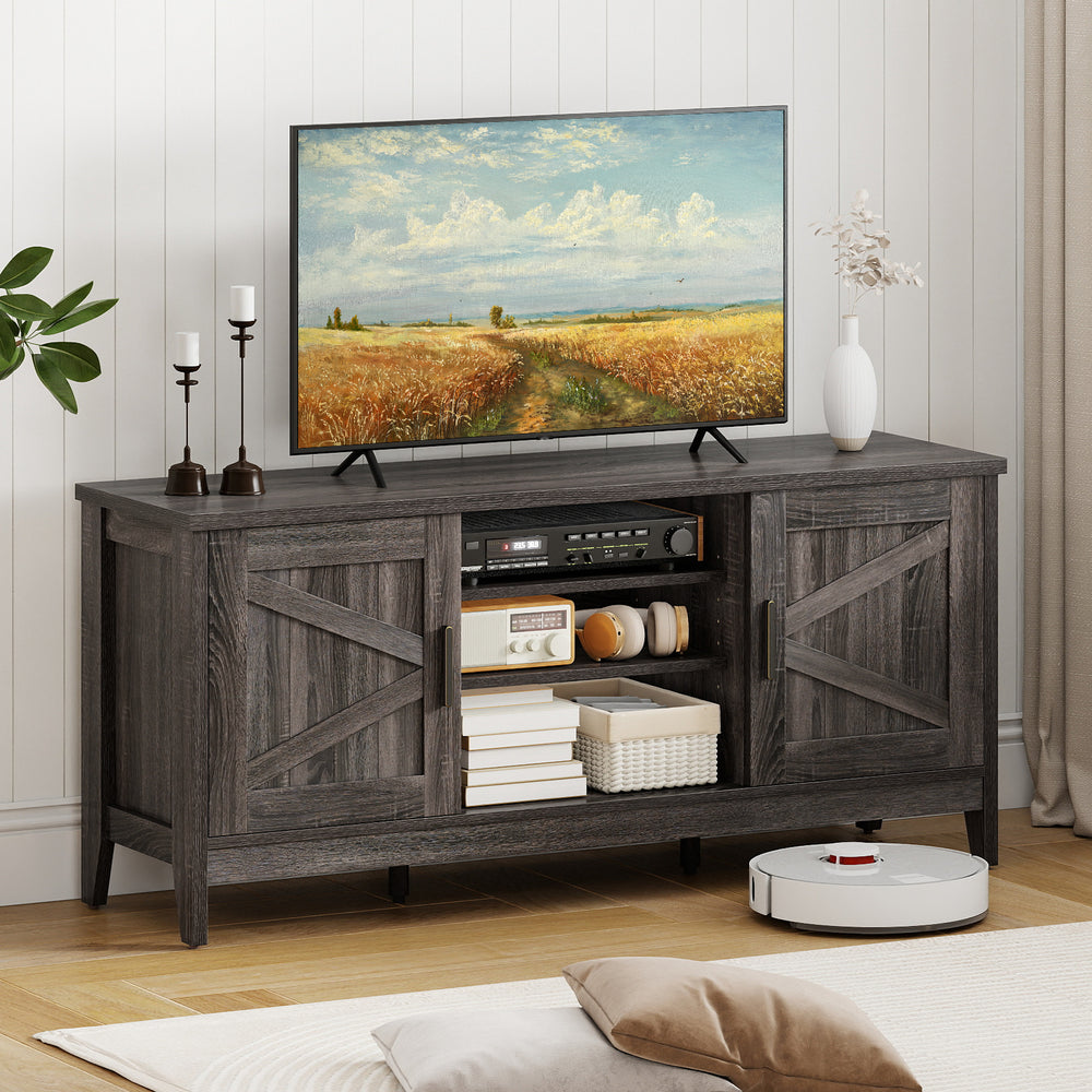 Farmhouse TV stand in gray with barn doors, adjustable shelves, and space for TVs up to 65 inches, ideal for living.