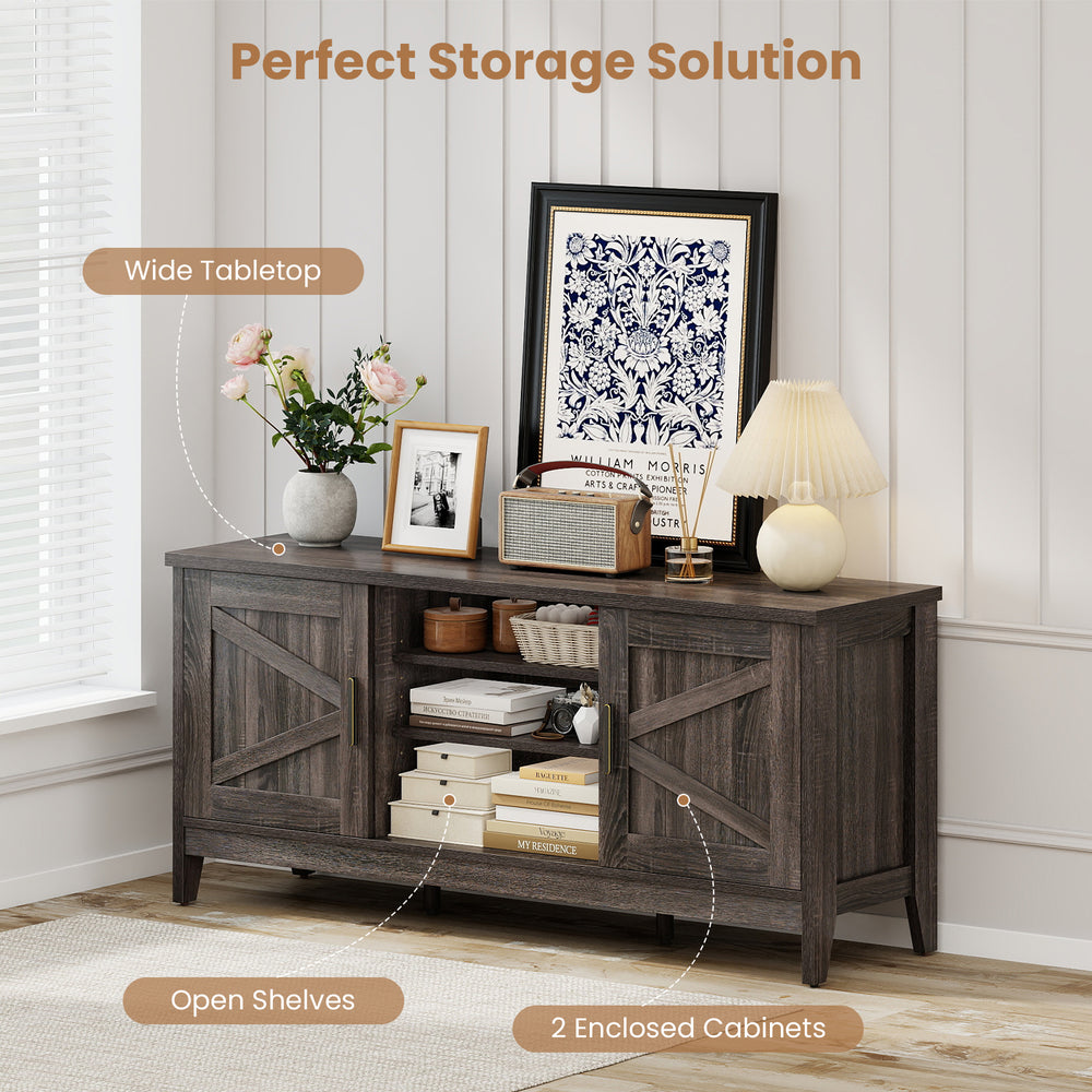 Farmhouse TV stand with wide tabletop, two enclosed cabinets, and open shelves for organized entertainment storage.