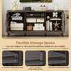 Farmhouse TV stand in gray with adjustable shelves and rustic barn doors, perfect for TVs up to 65 inches.