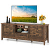 Farmhouse TV stand in rustic brown with woven accent doors, featuring 3 adjustable shelves and ample storage for.