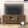 Farmhouse TV stand in rustic brown, designed for 65-inch TVs, featuring 2 woven accent doors and 3 adjustable shelves.