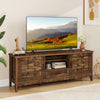 Rustic brown farmhouse TV stand featuring woven accent doors and a central drawer, ideal for stylish media storage.