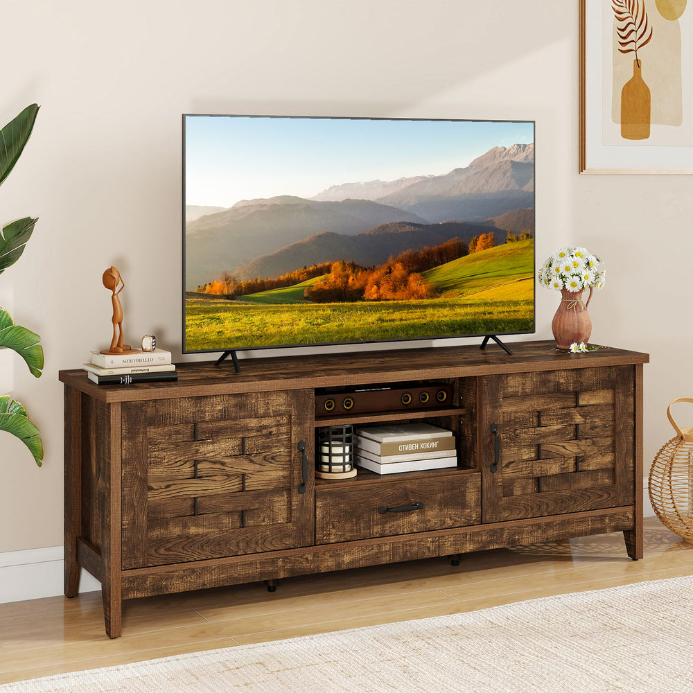 Farmhouse TV Stand for 65 Inch TVs with 2 Woven Accent Doors and 3 Adjustable Shelves-Rustic Brown - Gallery View 1 of 10