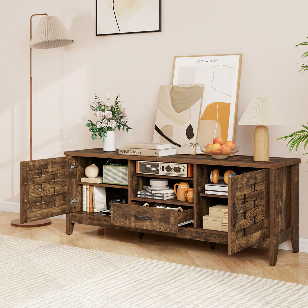 Rustic brown farmhouse TV stand showcasing woven accent doors, a central drawer, and adjustable shelves for versatile.