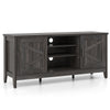 Farmhouse TV stand in gray with barn doors, adjustable shelves, and cable management for TVs up to 65 inches.