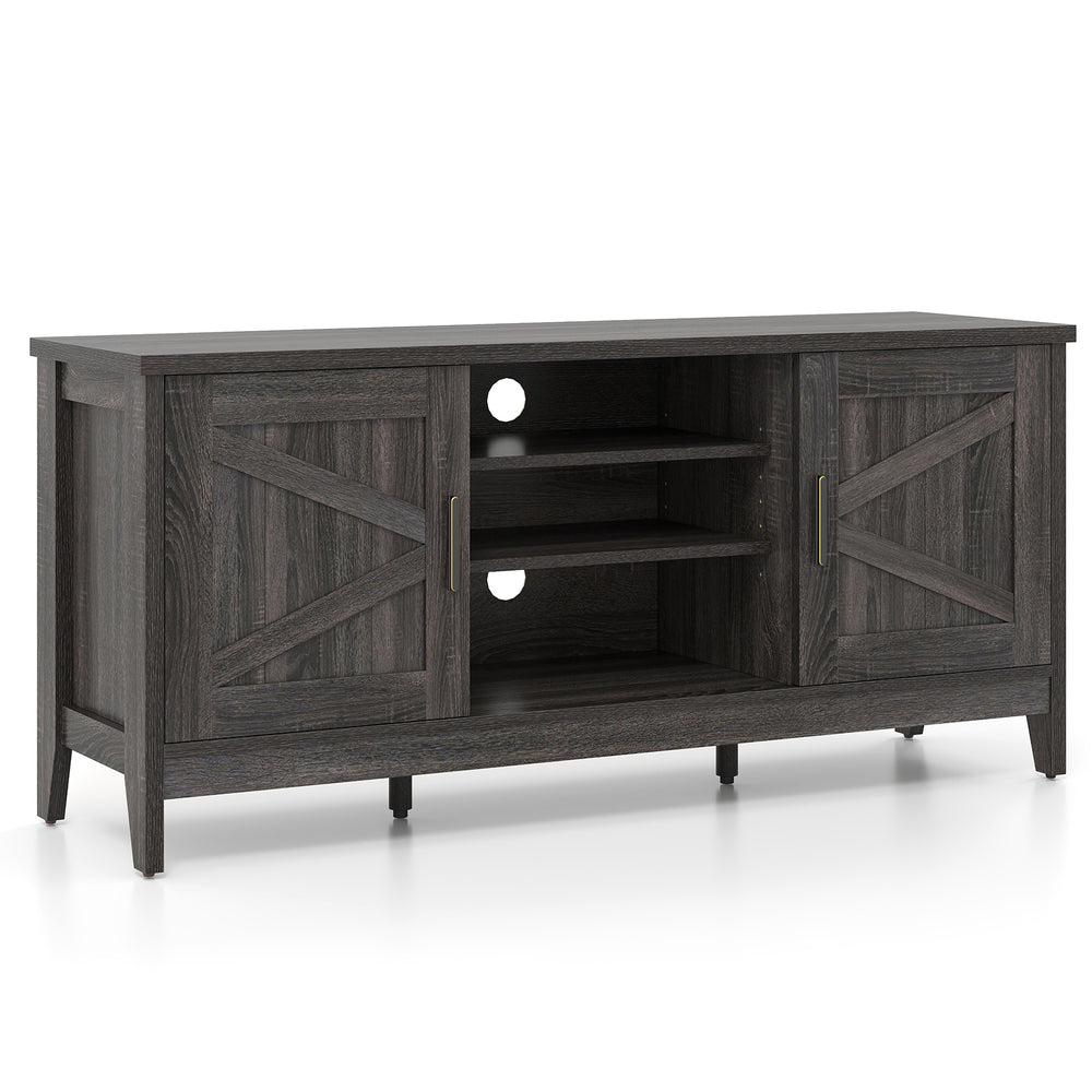 Farmhouse TV stand in gray with barn doors, adjustable shelves, and cable management for TVs up to 65 inches.