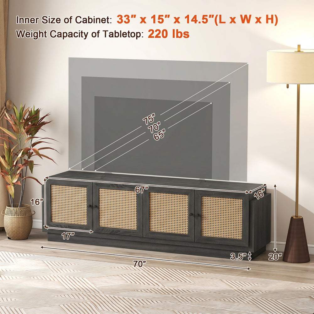 Farmhouse TV stand in black features PE rattan doors, adjustable shelves, and holds TVs up to 75 inches for stylish storage.