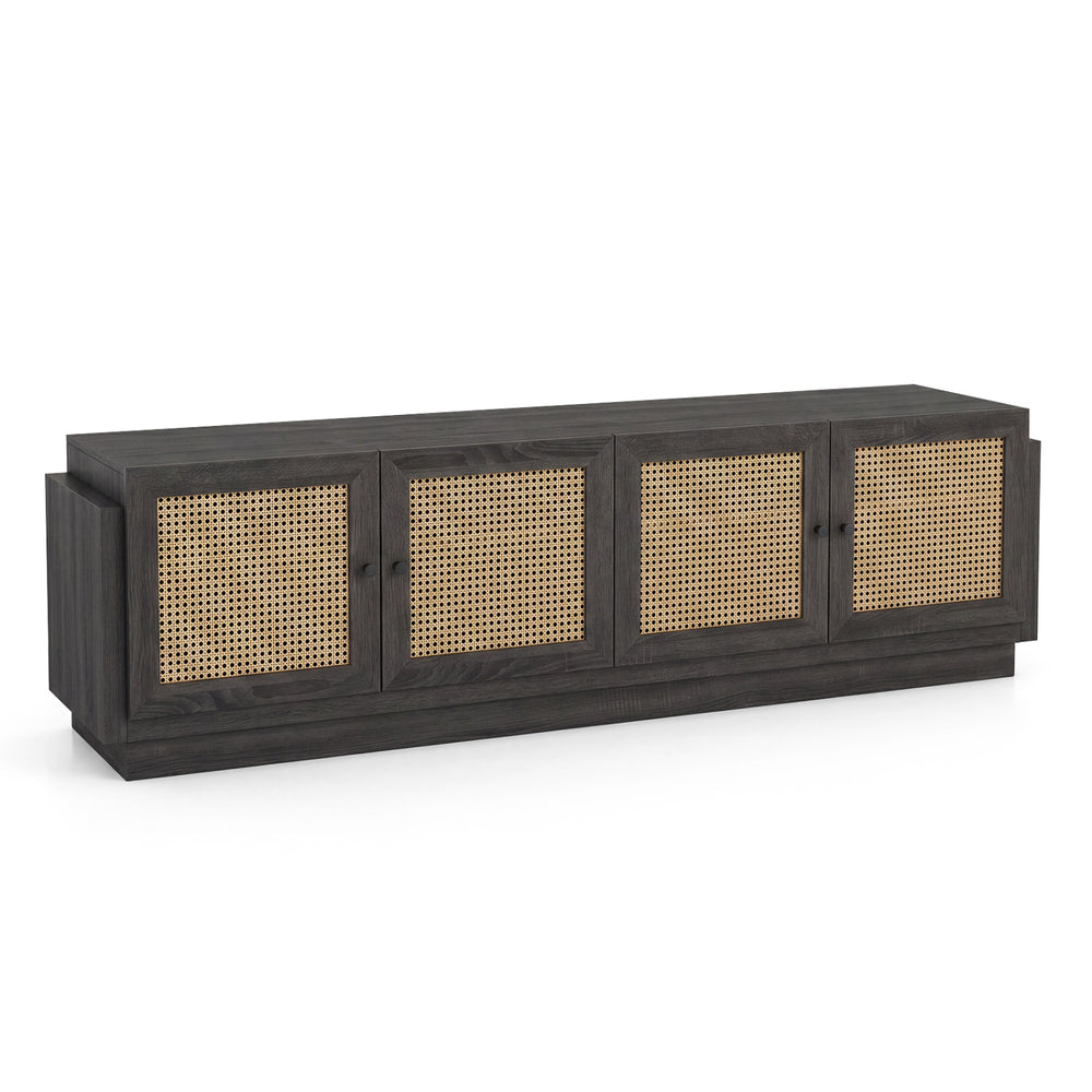 Farmhouse TV stand in black with PE rattan doors, featuring four cabinets and adjustable shelves for TVs up to 75 inches.